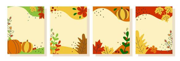 Set of abstract autumn backgrounds for social media stories. Colorful banners with autumn fallen leaves and pumpkins. Use for event invitation, discount voucher, advertising. Vector eps 10