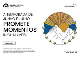 Hola junio julio bandera con puesta de sol y montañas vector ilustración