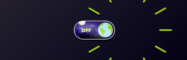 Earth Hour Banner Background. Light Switch Concept inside a clock. Dark City silhouette inside a on and off switch with the planet Earth for Earth hour. Vector Illustration. EPS 10.