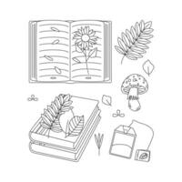 Mushroom, book, sock, leaves, tea. Hello autumn. Autumn season element, icon. Line art. vector