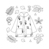 Raincoat, acorn, mushroom, leaves. Hello autumn. Autumn season element, icon. Line art. vector