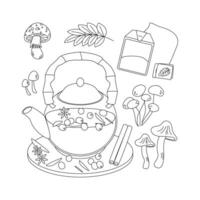 Mushroom, leaves, tea. Hello autumn. Autumn season element, icon. Line art. vector