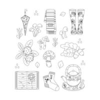 Umbrella, scarf, mushroom, book, sock, leaves, tea. Hello autumn. Autumn season element, icon. Line art. vector