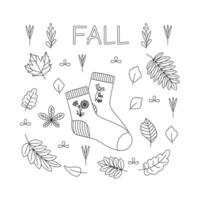 Sock, leaves. Hello autumn. Autumn season element, icon. Line art. vector