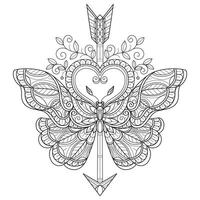 flecha y corazón mariposa mano dibujado para adulto colorante libro vector