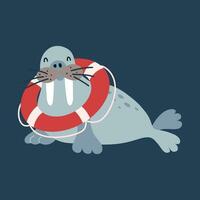 Cartoon walrus with red lifebuoy on isolated dark blue background. Character of the sea animals for the logo, mascot, design, print. Vector illustration