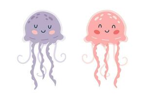 Set of cartoon hand drawn happy baby jellyfish on isolated white background. Character of the sea animals for the logo, mascot, design. Vector illustration