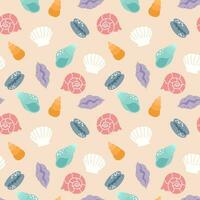 Seashells simple doodle seamless pattern. Colorful summer beach sea background. Vector illustration