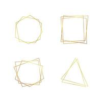 Set of four gold geometric polygonal frames with shining effects isolated on white background. Empty glowing art deco backdrop. Vector illustration.