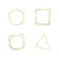 Set of four gold geometric polygonal frames with shining effects isolated on white background. Empty glowing art deco backdrop. Vector illustration.