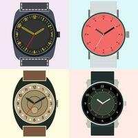 Set of four watches. Clock face with hour, minute and second hands. Vector illustration.