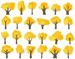 Set of twenty four different cartoon yellow trees isolated on white background. Vector illustration