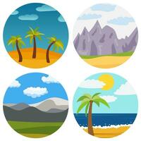 Set of four natural cartoon landscapes at sunny day in circle. Vector illustration.