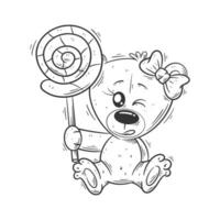 Cute bear sitting carrying a lollipop for coloring vector