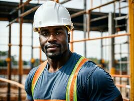 foto de africano negro hombre como un construcción trabajador con casco, generativo ai