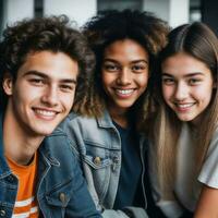 grupo de contento joven Adolescente a el trabajando oficina espacio, generativo ai foto