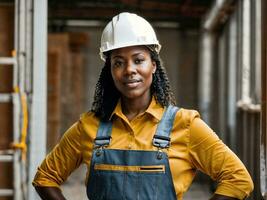 foto de africano negro mujer como un construcción trabajador con casco, generativo ai