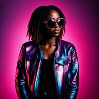 photo of beautiful african woman with with mixed pink and blue neon light, generative AI