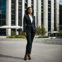 foto de inteligente africano mujer con negro negocio traje a grande moderno ciudad, generativo ai