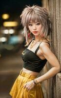 photo of teenage playful asian woman with accessories and mullet hairstyle, generative AI