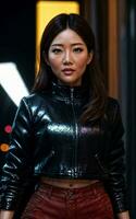 foto de asiático mujer en chaqueta atuendo con vistoso ligero en fondo, generativo ai