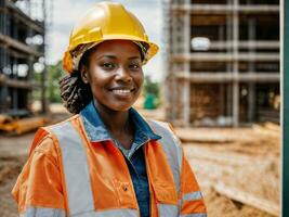 photo of african black woman as a construction worker with helmet, generative AI