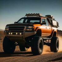 photo of truck in hot sand desert, generative AI