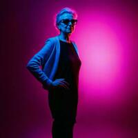 photo of middle aged old woman with with mixed pink and blue neon light, generative AI