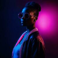 photo of beautiful african woman with with mixed pink and blue neon light, generative AI