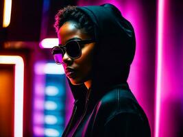 photo of black woman in black hoodie in server data center room with neon light, generative AI