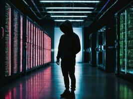 photo of man in black hoodie in server data center room with neon light, generative AI