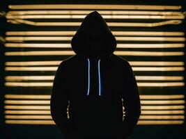 photo of man in black hoodie in server data center room with neon light, generative AI