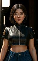 photo of asian woman in jacket outfit with colorful light in background, generative AI