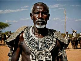 photo of african old people tribal warriors with armor, generative AI