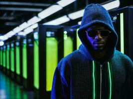 photo of black man in black hoodie in server data center room with neon light, generative AI