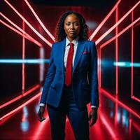 photo of smart african woman with business suit at neon mxied red and blue light sci fi background, generative AI