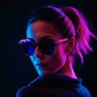 photo of beautiful woman with with mixed pink and blue neon light, generative AI