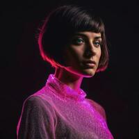 photo of beautiful woman with short hair and mixed pink neon light, generative AI