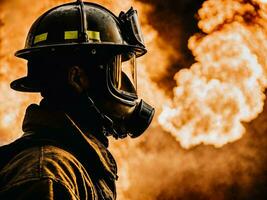 foto de bombero con grande fuego nube y fumar en fondo, generativo ai