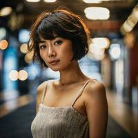 foto de hermosa japonés asiático mujer con corto cabello, generativo ai