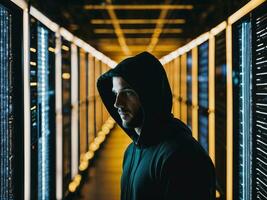 photo of man in black hoodie in server data center room with neon light, generative AI