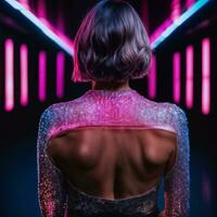 photo of beautiful woman with short hair and mixed pink neon light, generative AI