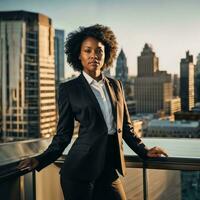 foto de inteligente africano mujer con negro negocio traje a grande moderno ciudad, generativo ai