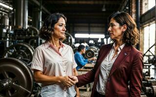 foto de trabajando empresario mujer a fábrica con máquina y obrero, generativo ai