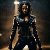 photo of strong african woman with black leather suit in heavy rain night, generative AI