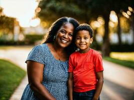 photo of happy family black mother and son, generative AI