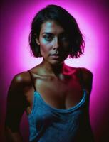 photo of beautiful woman with short hair and mixed pink neon light, generative AI