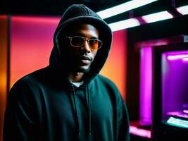 photo of black man in black hoodie in server data center room with neon light, generative AI