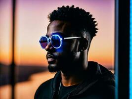 photo of black man in black hoodie in server data center room with neon light, generative AI