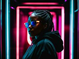 photo of black woman in black hoodie in server data center room with neon light, generative AI